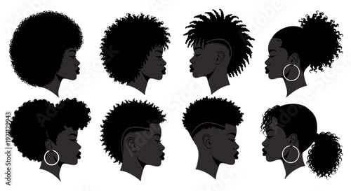diverse black natural hair silhouettes with various afro curly and braided styles celebrating cultural identity and beauty.