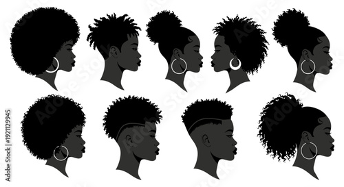 diverse black people silhouettes showcasing natural styles celebrating cultural identity and beauty in graphic vector art.