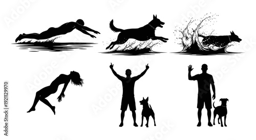 diverse black silhouettes of people and dogs enjoying water sports and leisure activities swimming splashing running.