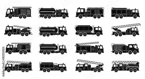 diverse collection of black silhouette fire truck and emergency vehicle icons isolated on white illustrating rescue industrial and transport services.