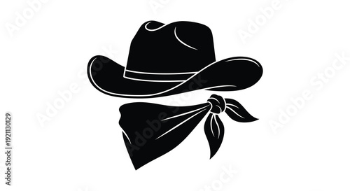 A striking black silhouette depicts a classic cowboy hat paired with a neckerchief evoking western themes silhouette
