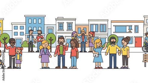 diverse community of people standing happily in an urban neighborhood representing social inclusion equity and modern unity.