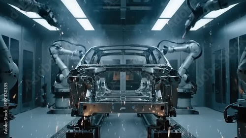 Automated Production Line with Robots Crafting Car Body Framework