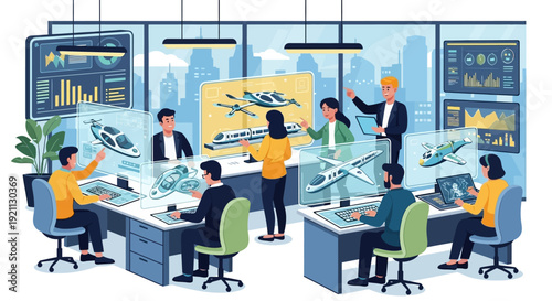 Diverse team collaborates on innovative engineering project using advanced technology.