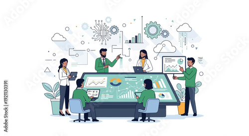 Diverse team collaborating around a futuristic interactive table.