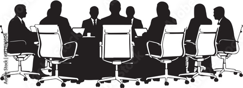 Silhouettes of people in business attire sitting around a conference table with chairs business meeting