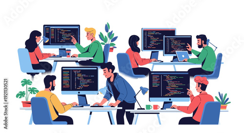 Diverse group of people collaborating on computer programming tasks.