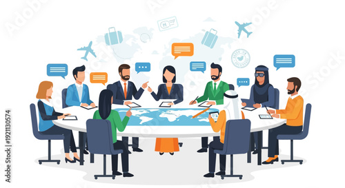 Diverse group of professionals collaborating around a global map table.