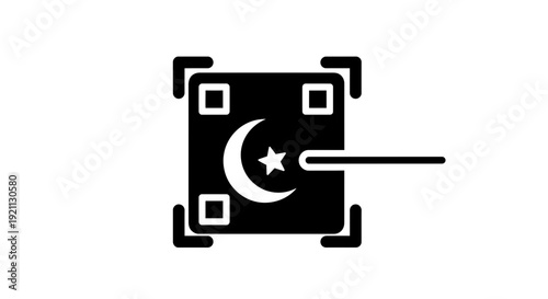 A modern icon representing Islamic culture and faith with a crescent moon and star symbol inside a square frame viewed from the front
