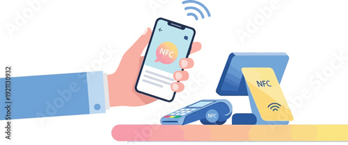 Hand Holding Smartphone Performing Secure Contactless Payment at POS Terminal with NFC Technology Isolated white background