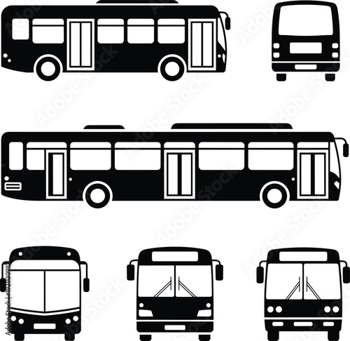 Black city bus vector set with side, front and rear views isolated on white background, public transport vehicle illustration for urban transit design