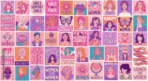 Vibrant collage of colorful illustrations celebrating women's empowerment and girl power with inspirational quotes and portraits