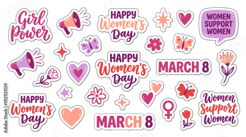 Collection of happy women's day stickers with empowering phrases and symbols