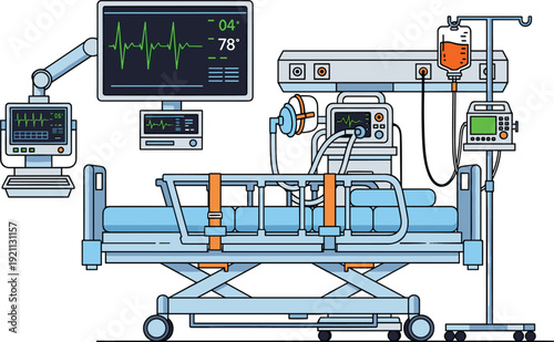 Intensive care unit hospital bed with medical monitors and life support equipment, vector illustration