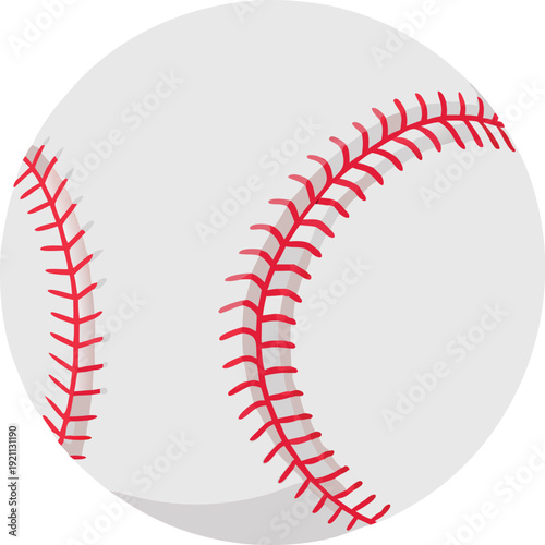 A detailed illustration depicts a classic white baseball with vibrant red stitching