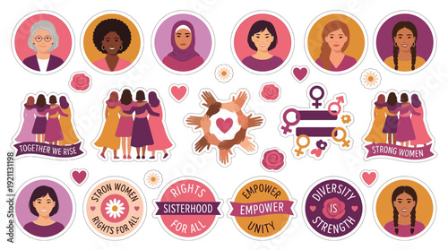 Diverse women empowerment stickers with portraits slogans and symbols on white background celebrating sisterhood and female strength