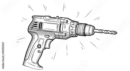 Illustrated black-and-white drawing of a power drill with an extended drill bit. Lines emphasize motion, suggesting the drill is in use.