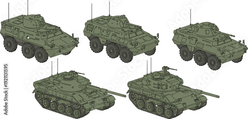 Military armored vehicles set including battle tanks and wheeled personnel carriers, tactical ground forces vector illustration