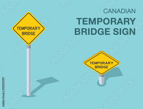 Traffic regulation rules. Isolated canadian "temporary bridge" road sign. Front and top view. Flat vector illustration template.