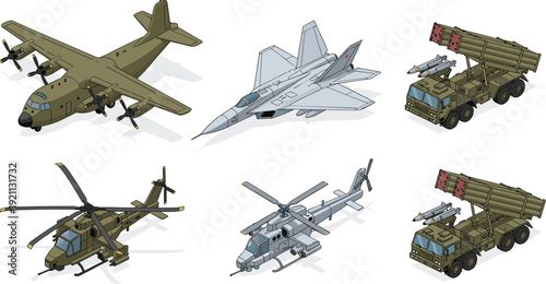 Military aircraft and missile system set, fighter jet, cargo plane, combat helicopters and mobile rocket launchers, vector illustration