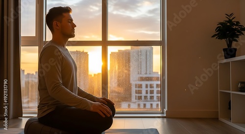 Man meditating in front of window during sunrise golden hour peaceful scene