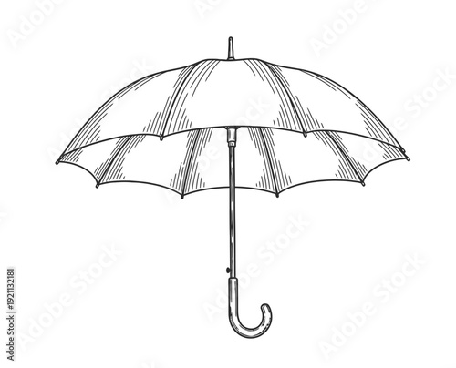 Black and white illustration of an open umbrella with a curved handle. The umbrella's panels are detailed with shading lines, conveying a classic look.