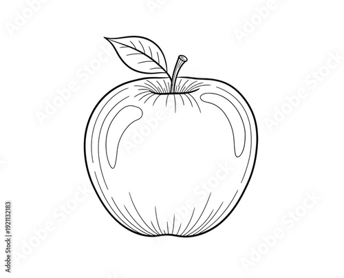 A black-and-white line drawing of an apple with a stem and single leaf. The illustration is simple and clean, conveying a classic, timeless look.