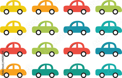 A colorful arrangement of sixteen simplistic cartoon car illustrations on white high quality