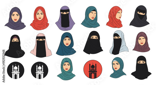 Diverse collection of avatars of Muslim women wearing colorful hijabs and niqabs, with icons of a mosque in the background.