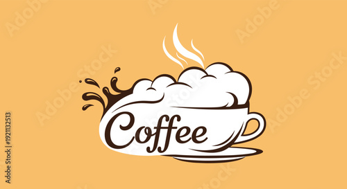 Creative coffee logo design featuring the word 'Coffee' integrated into a stylized cup with overflowing foam and steam.