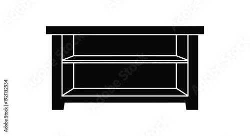 A stark black silhouette depicts a simple wooden nightstand with two shelves and a drawer silhouette high quality