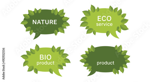 Set of green speech bubbles made from leaves, containing text for nature, eco service, and bio product concepts.
