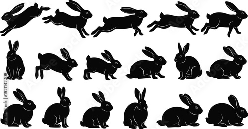 Black rabbit silhouettes set, jumping, running, and sitting bunny poses, vector hares collection for Easter design, nature wildlife icons isolated, 2026. (21 words)