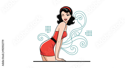 Seductive pin-up girl in a short red dress winking at the camera, with abstract swirls in the background.