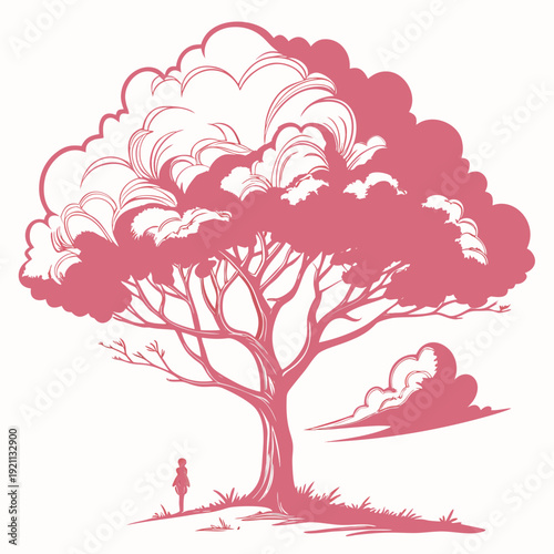 Silhouette of a small person standing under a large stylized tree with cloudlike foliage.