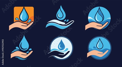Set of six water conservation logos featuring a human hand catching or holding a large blue water drop icon.