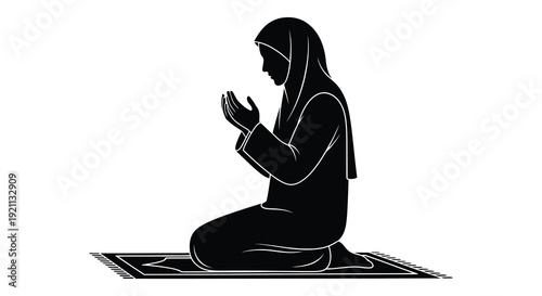 A kneeling woman in traditional islamic dress with hands raised in prayer a striking black silhouette high quality