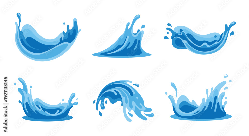 Fototapeta premium Set of six dynamic blue water splashes and flowing wave illustrations, isolated on a white background for design.