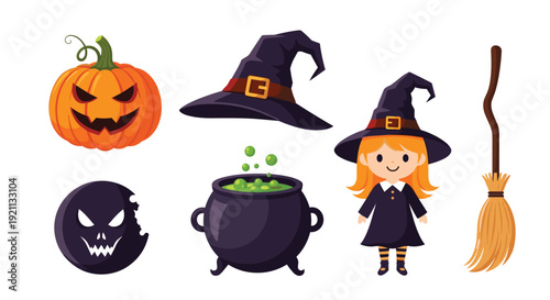 Cute collection of six Halloween icons including a jack-o-lantern, a little witch, a cauldron, and a magic broom.