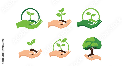 Set of six ecology logos with hands carefully holding a small green plant or tree, symbolizing growth and nature.