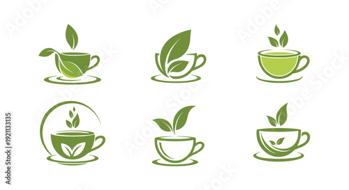 Collection of six elegant green tea logos, each featuring a simple teacup design with fresh green leaves and steam.