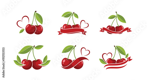 Collection of six sweet cherry logos, featuring two red cherries with green leaves, decorated with hearts and ribbons.