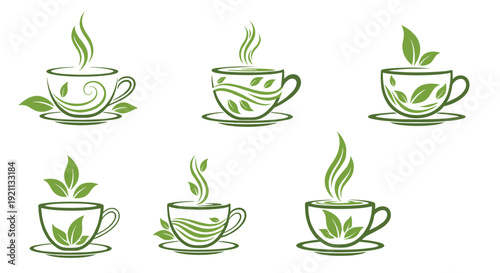 Collection of six hand-drawn green tea icons in a sketch style, featuring teacups with leaves and aromatic steam.