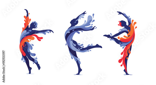 Set of three abstract dancers in dynamic poses, with their bodies formed from colorful blue and red water splashes.