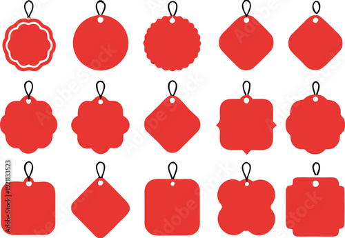 A collection of vibrant red price tags with various shapes and string