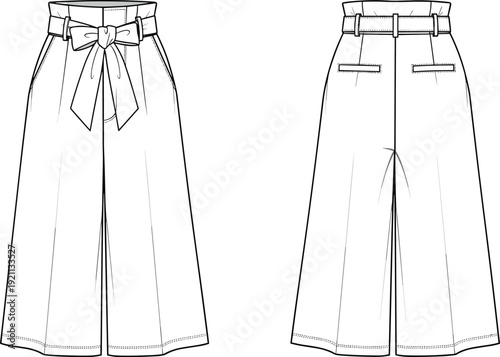 Technical fashion sketch of women high waist paper bag trousers with belt and bow