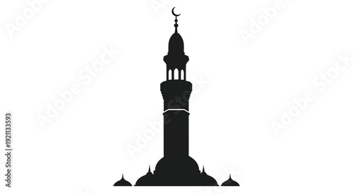 A striking black silhouette of a traditional islamic mosque with a crescent moon showcasing architectural detail silhouette