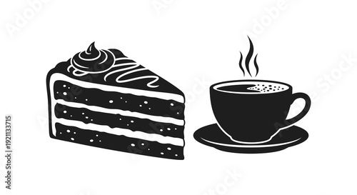 A delicious black silhouette of layered chocolate cake with a steaming cup of coffee a delightful pairing silhouette