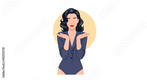A minimalist and faceless illustration of a beautiful, confident woman in a stylish blue suit with her hands up, blowing a kiss.