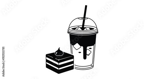 A black and white illustration depicts a drink with ice a small cake and dripping condensation silhouette